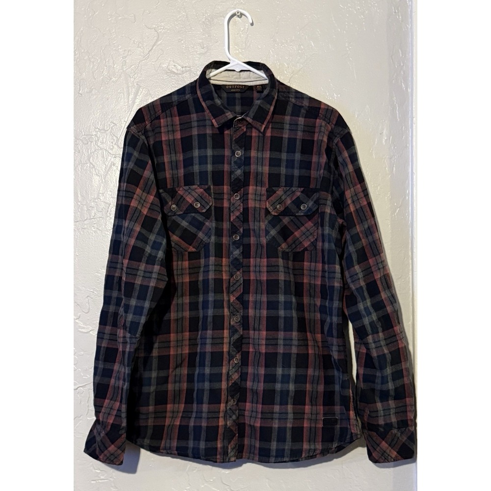 Men's Outpost Makers Plaid Flannel Heavy Shirt Button Up Cotton Blend Size XL